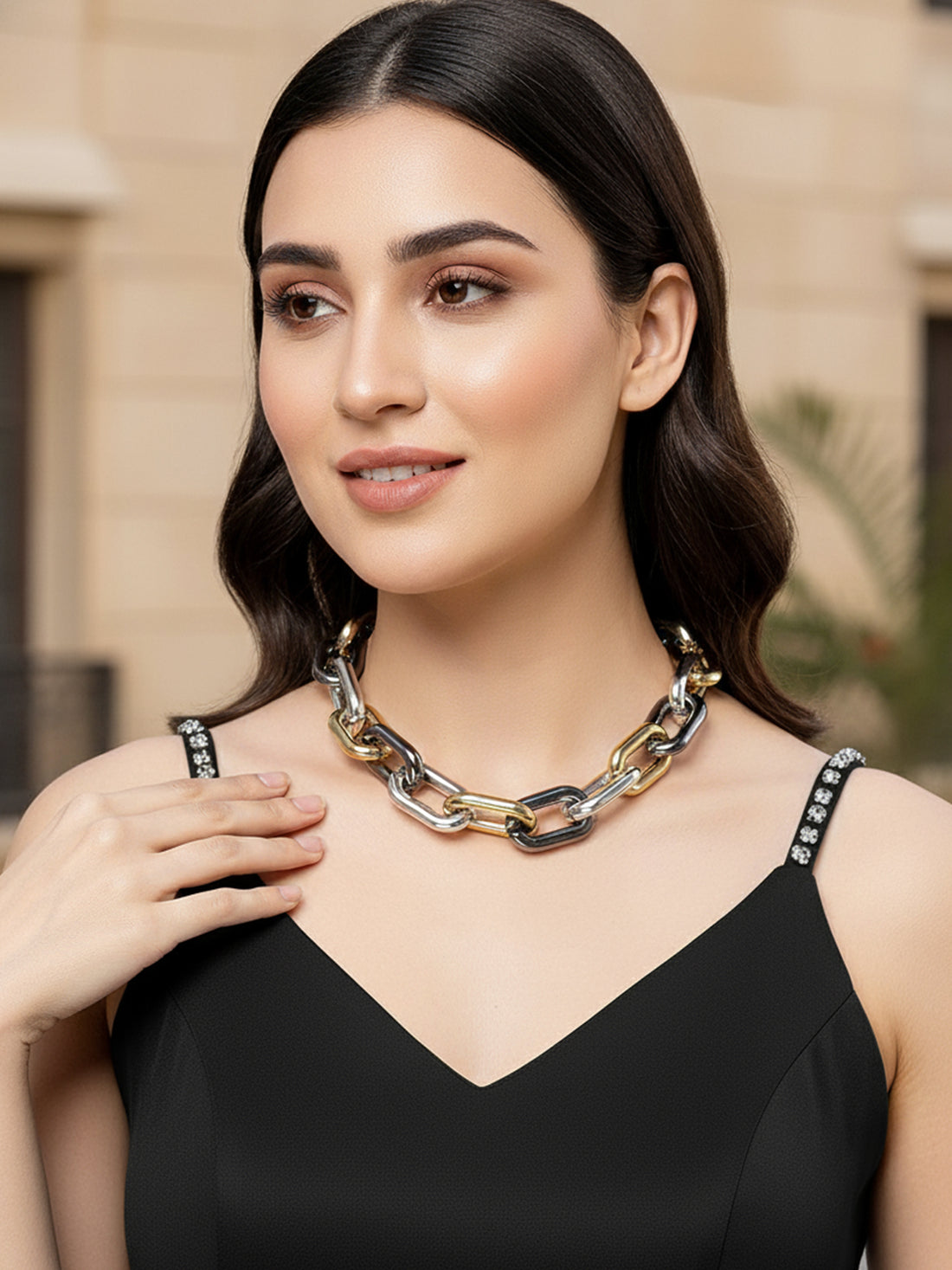 Bohey by KARATCART Gold Silver Black Chunky Western Link Necklace for Women