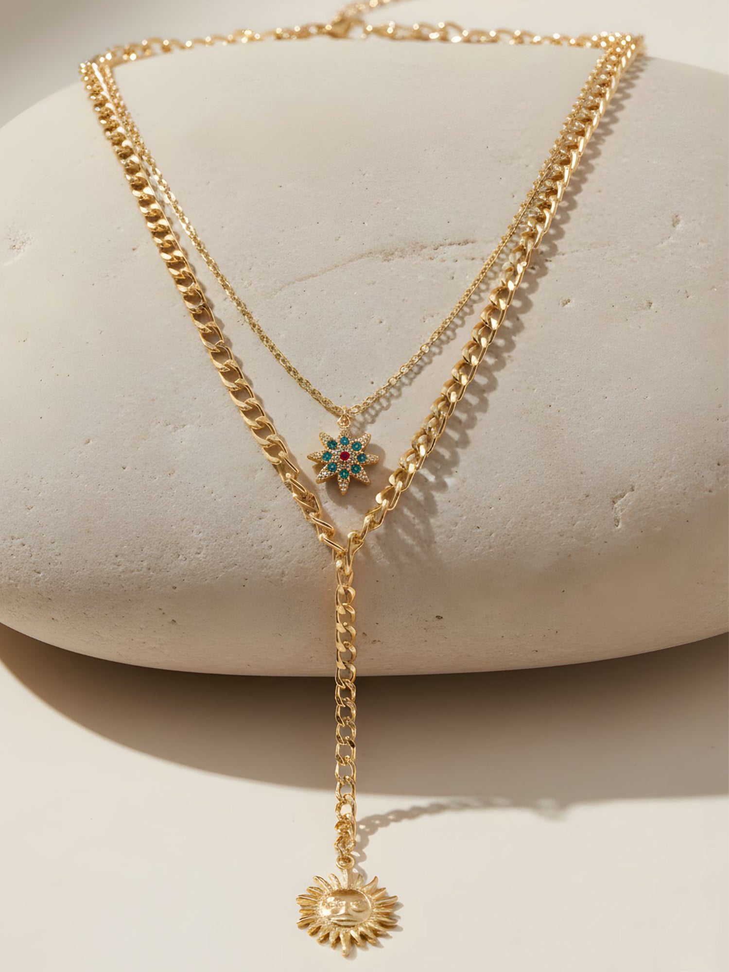 Bohey by KARATCART Gold Plated Sun and Star Multicharm Multilayered Chain Necklace for Women