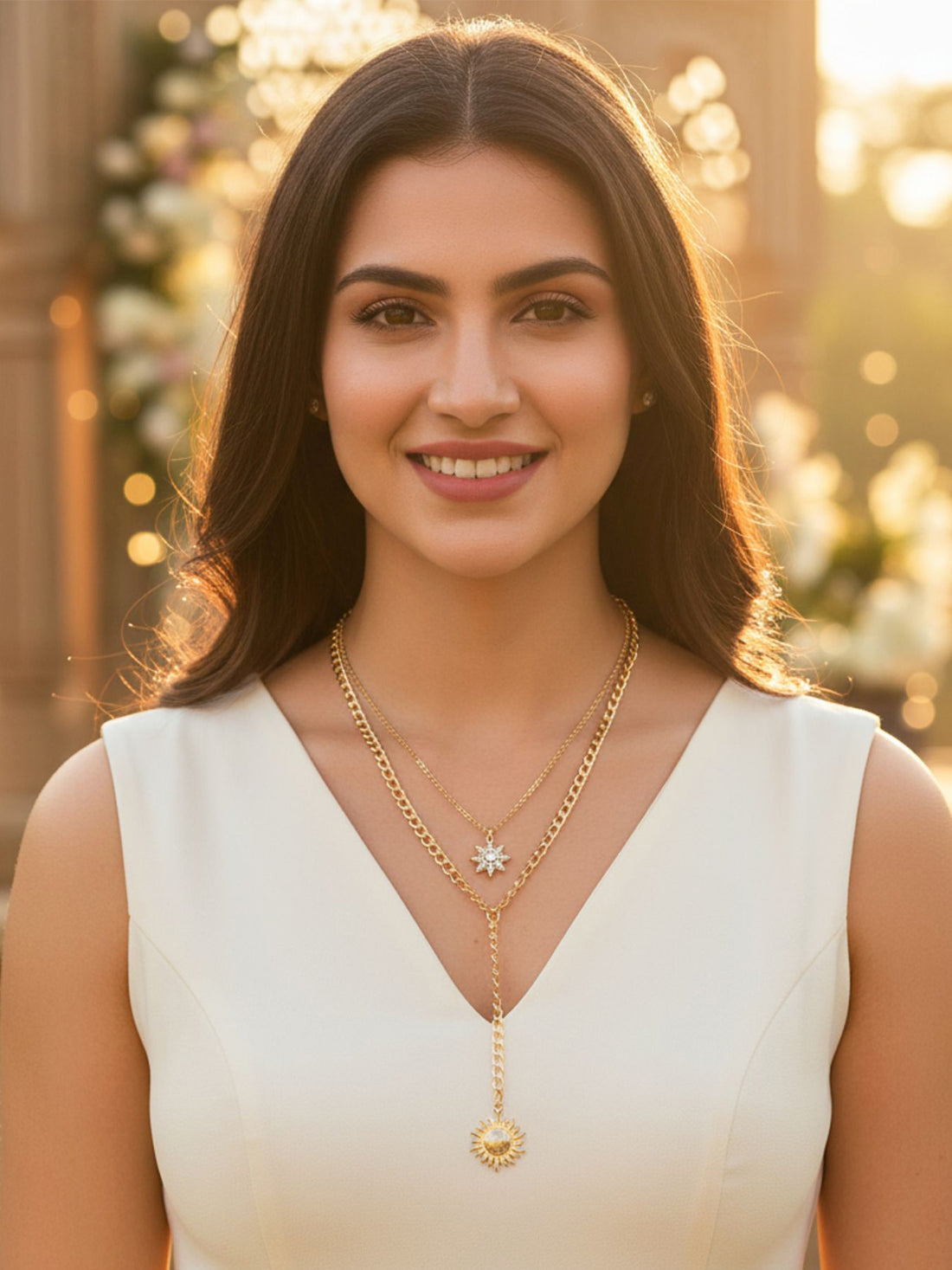 Bohey by KARATCART Gold Plated Sun and Star Multicharm Multilayered Chain Necklace for Women