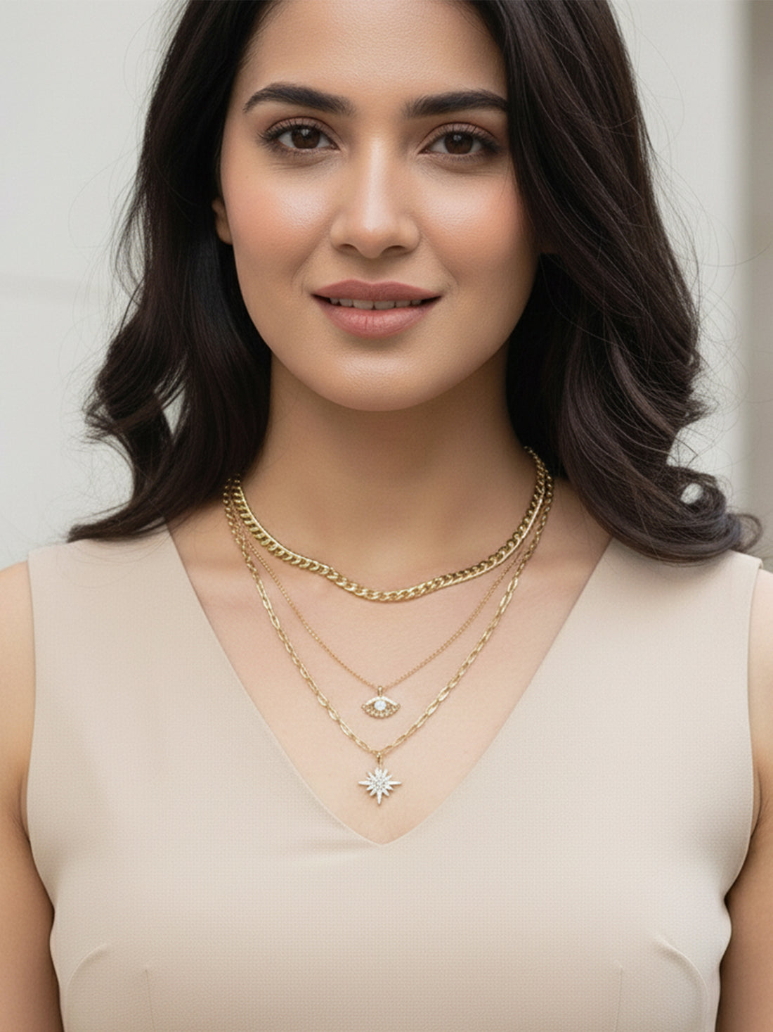 Bohey by KARATCART Gold Plated Eye and Star Multicharm Multilayered Chain Necklace for Women