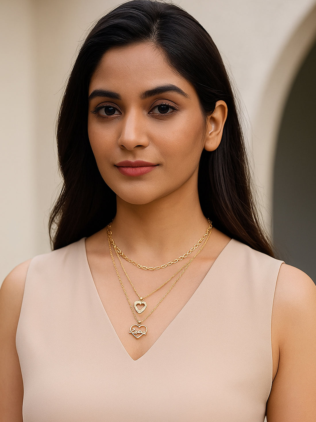 Bohey by KARATCART Gold Plated Love & Heart Shape Multicharm Multilayered Chain Necklace for Women