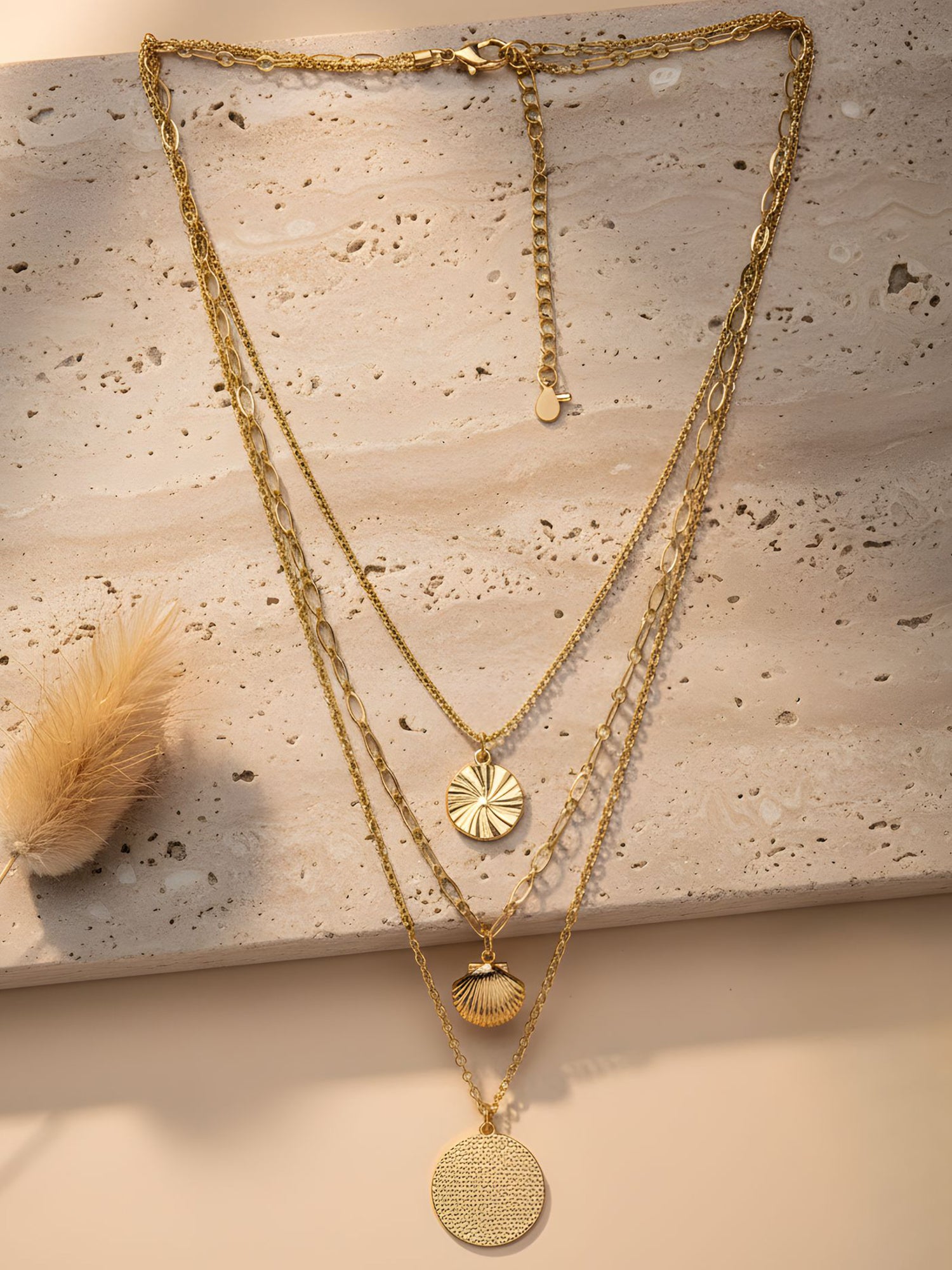 Bohey by KARATCART Gold Plated Sea Shell and Textured Disk Multicharm Multilayered Chain Necklace for Women