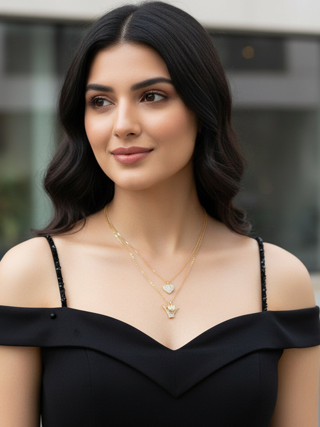 Bohey by KARATCART Gold Plated Heart and Hand Multicharm Multilayered Chain Necklace for Women