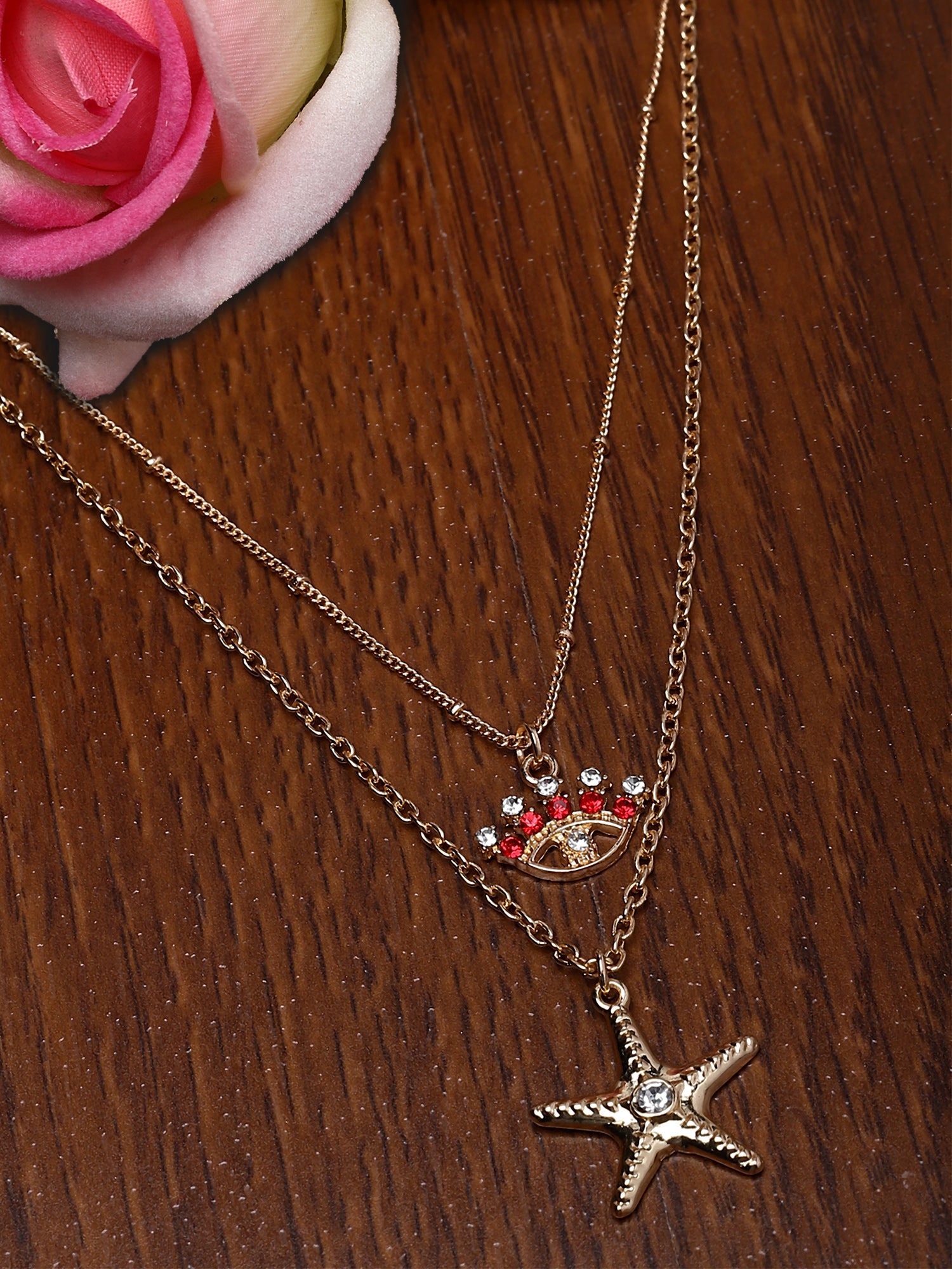 Bohey by KARATCART Gold Plated Star Fish and Star Multicharm Multilayered Chain Necklace for Women