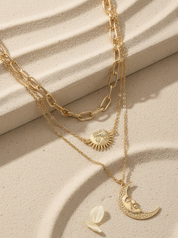 Bohey by KARATCART Gold Plated Half Sun and Moon Multicharm Multilayered Chain Necklace for Women