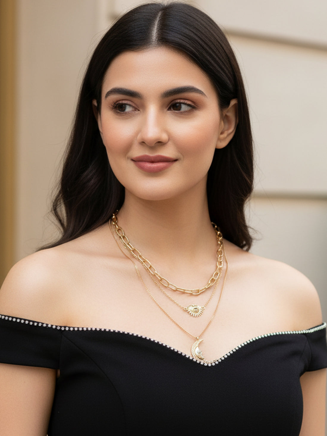 Bohey by KARATCART Gold Plated Half Sun and Moon Multicharm Multilayered Chain Necklace for Women