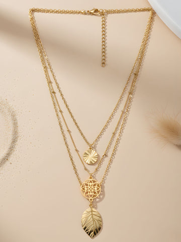 Bohey by KARATCART Gold Plated Leaf and Flower Multicharm Multilayered Chain Necklace for Women
