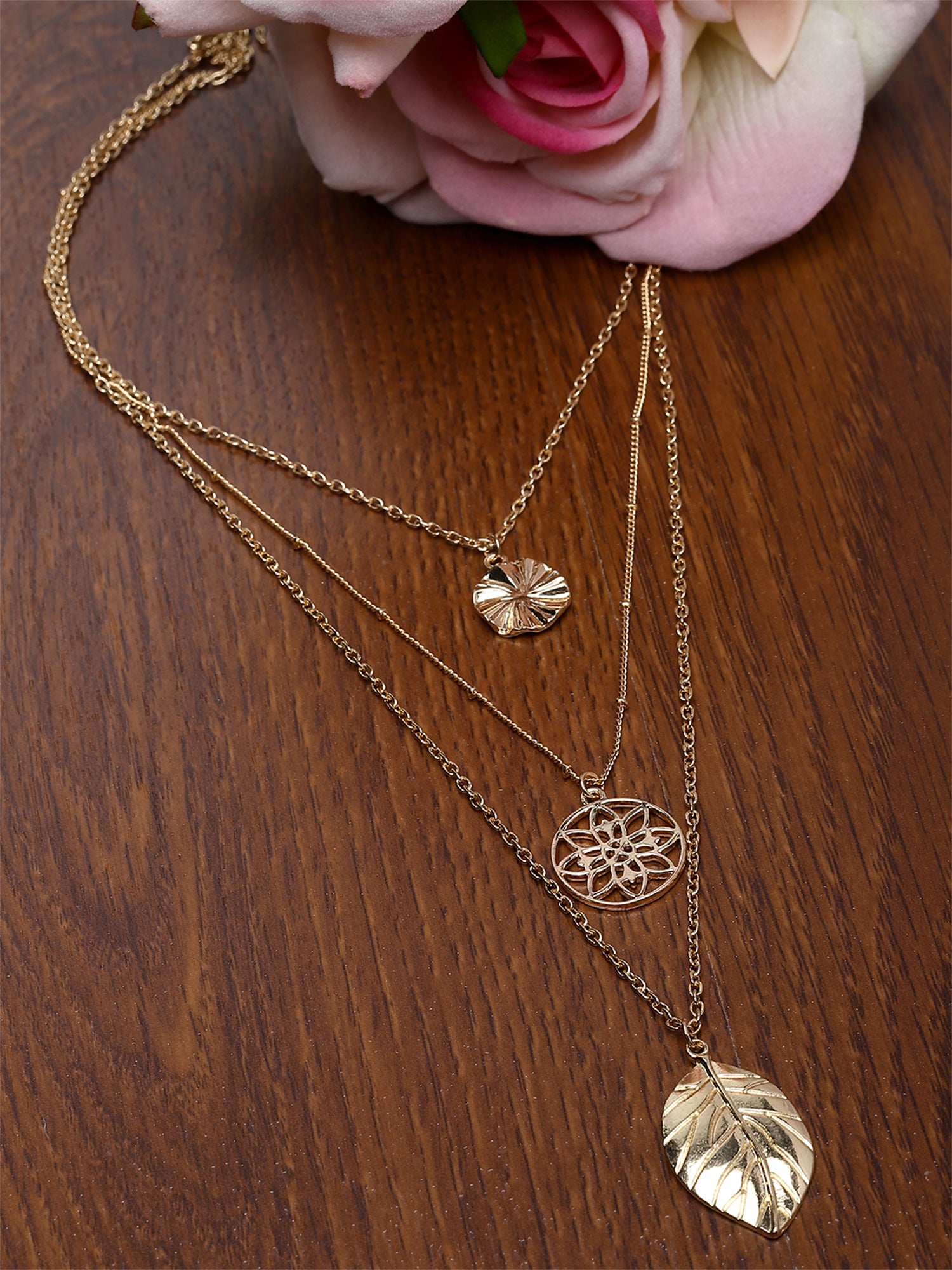 Bohey by KARATCART Gold Plated Leaf and Flower Multicharm Multilayered Chain Necklace for Women