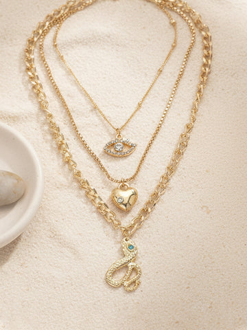 Bohey by KARATCART Gold Plated Snake and Heart Multicharm Multilayered Chain Necklace for Women