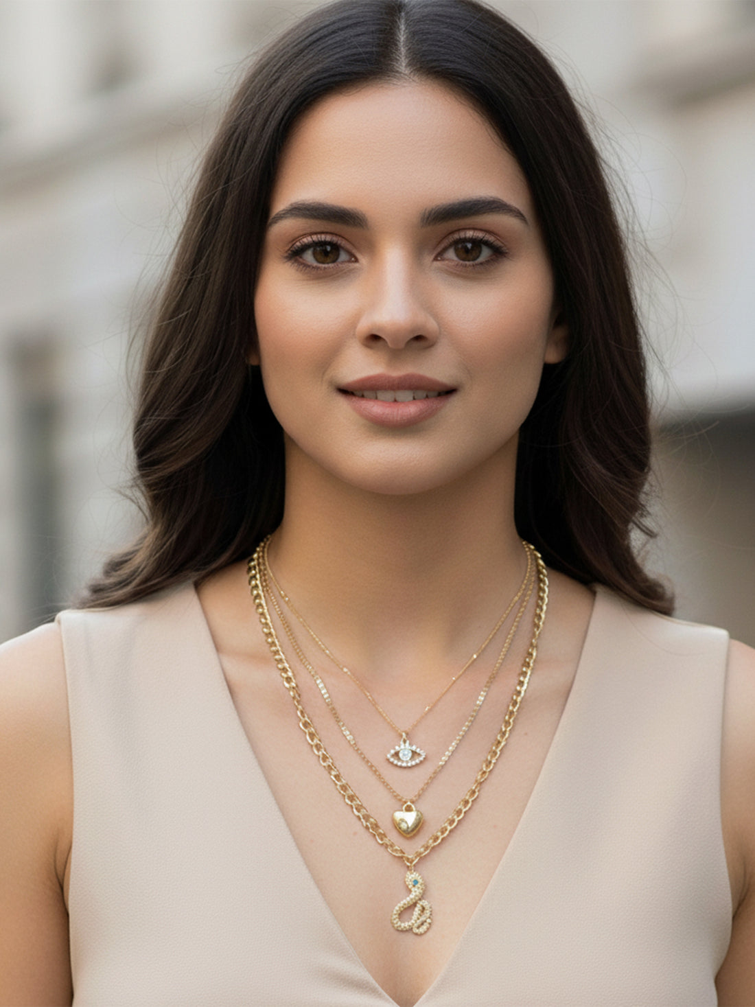 Bohey by KARATCART Gold Plated Snake and Heart Multicharm Multilayered Chain Necklace for Women