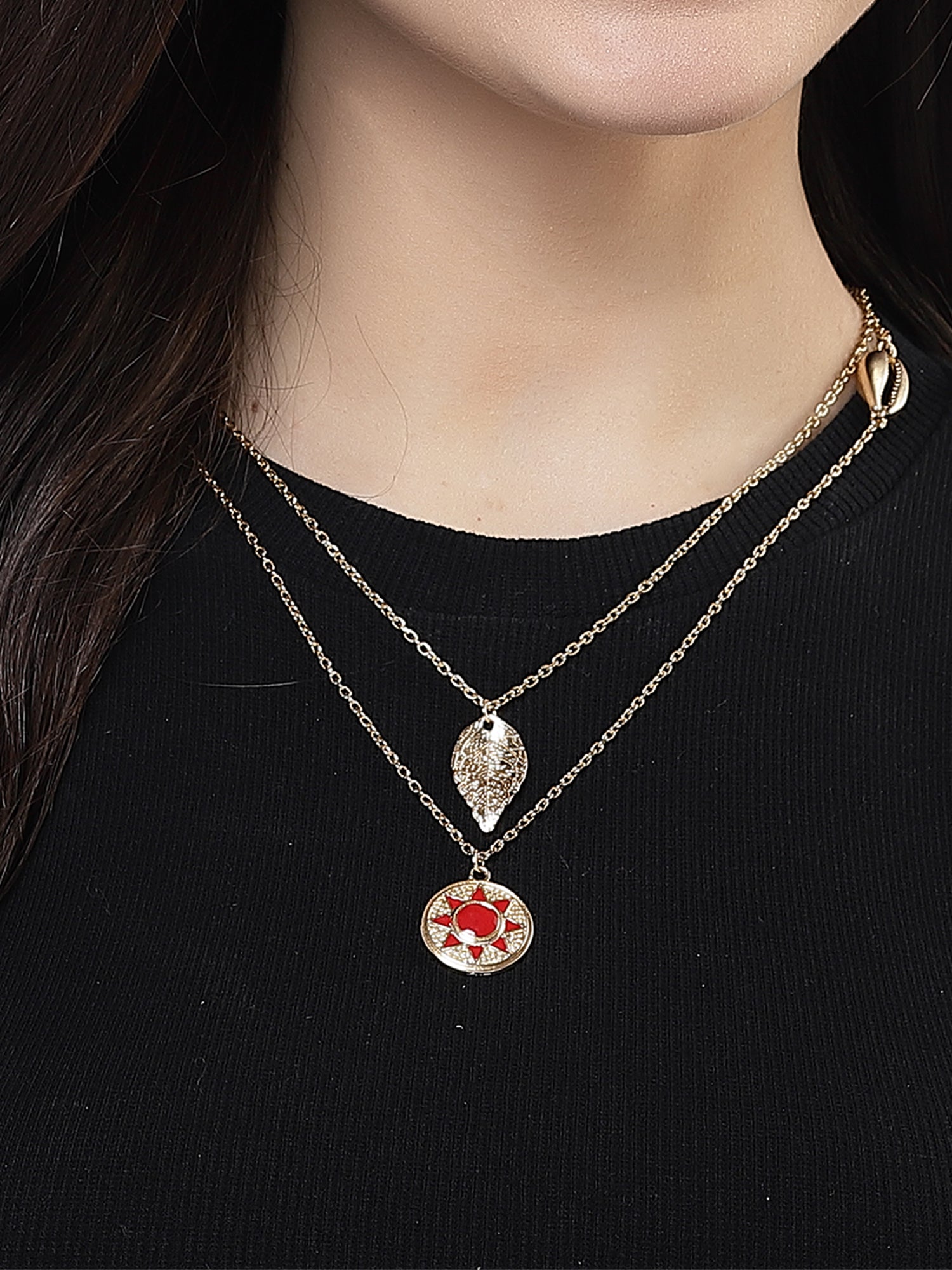 Bohey by KARATCART Gold Plated Red Meena Sun and Leaf Multicharm Multilayered Chain Necklace for Women