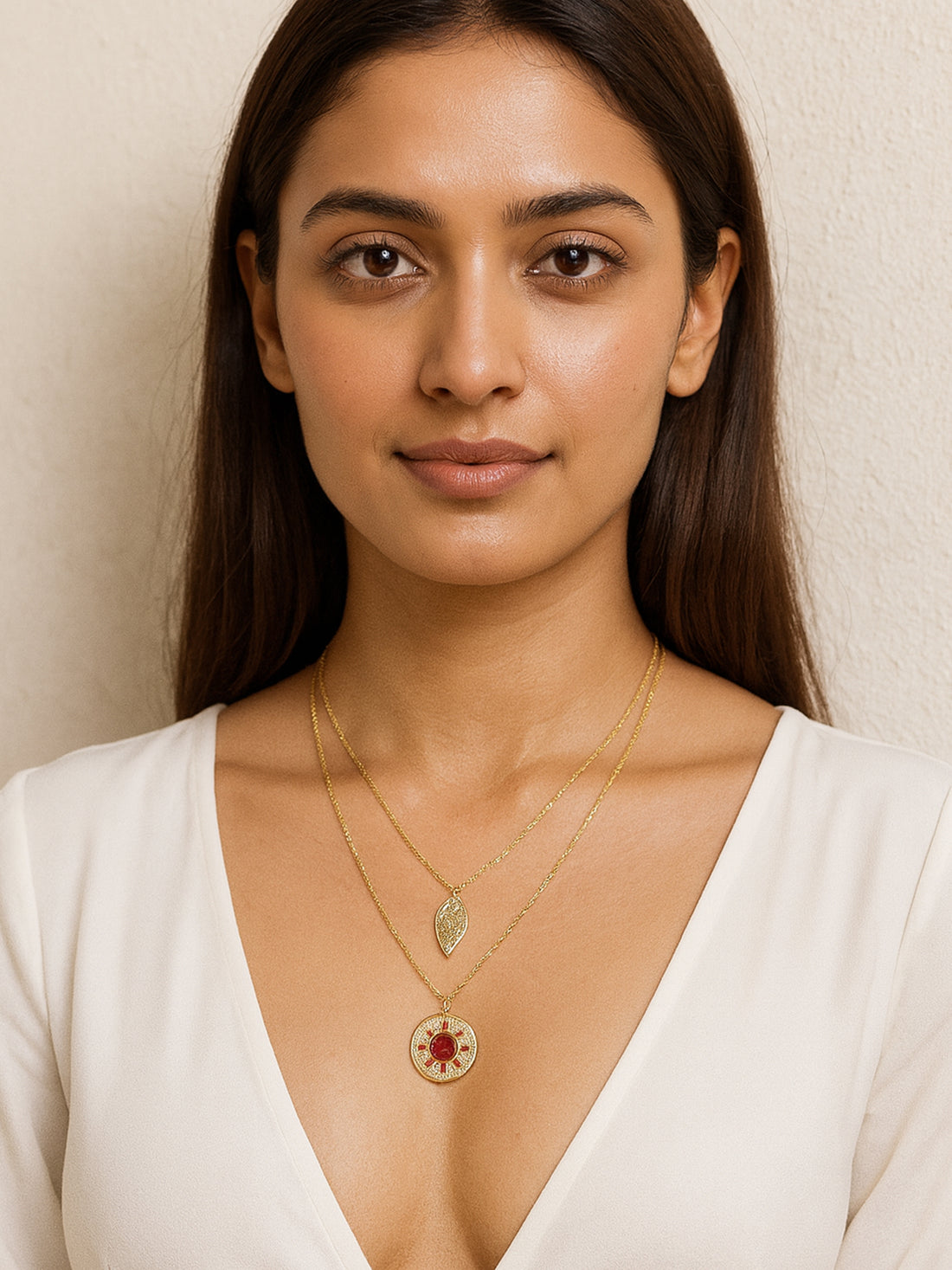 Bohey by KARATCART Gold Plated Red Meena Sun and Leaf Multicharm Multilayered Chain Necklace for Women