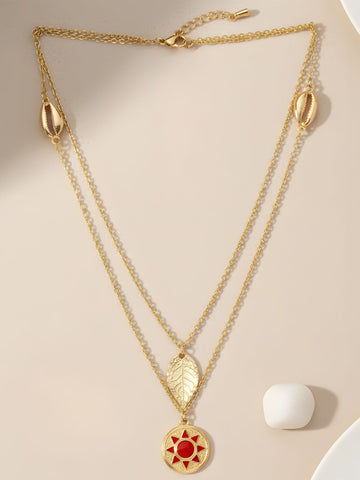 Bohey by KARATCART Gold Plated Red Meena Sun and Leaf Multicharm Multilayered Chain Necklace for Women