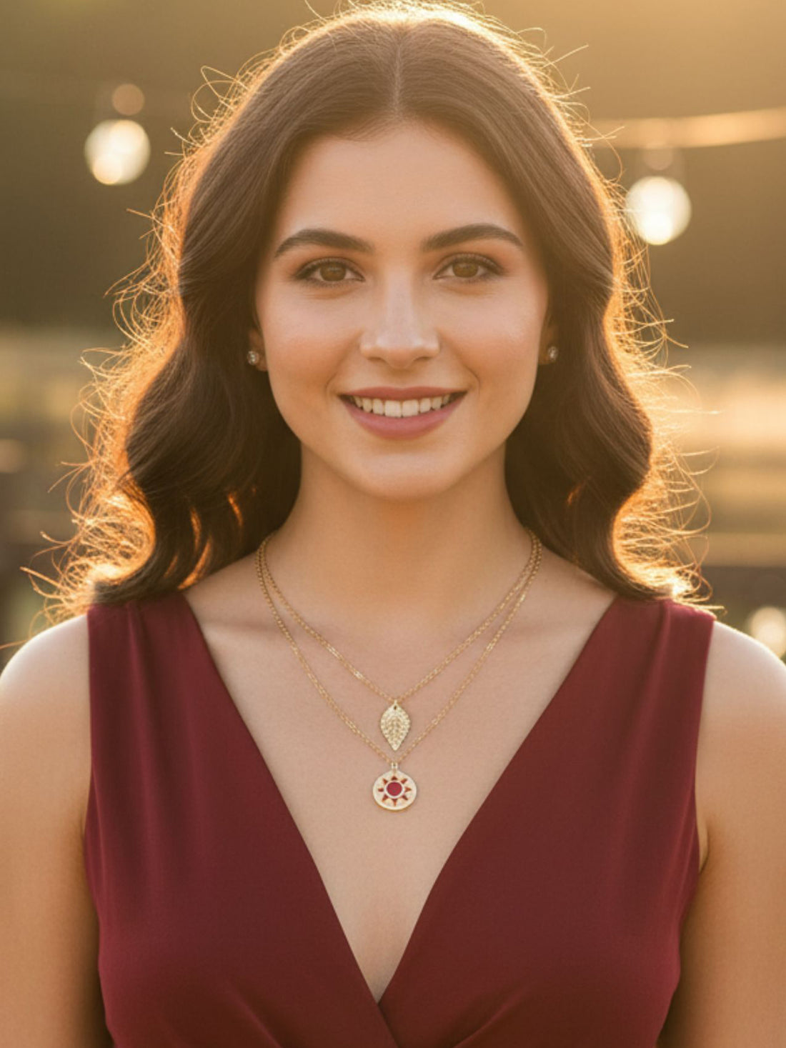 Bohey by KARATCART Gold Plated Red Meena Sun and Leaf Multicharm Multilayered Chain Necklace for Women