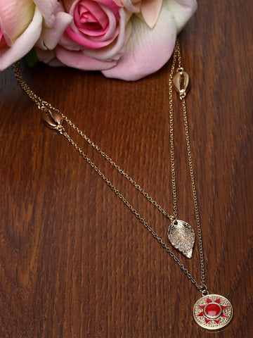 Bohey by KARATCART Gold Plated Red Meena Sun and Leaf Multicharm Multilayered Chain Necklace for Women