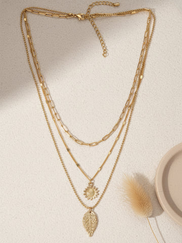 Bohey by KARATCART Gold Plated Sun and Leaf Multicharm Multilayered Chain Necklace for Women