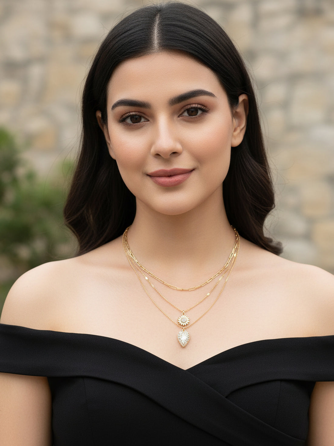 Bohey by KARATCART Gold Plated Sun and Leaf Multicharm Multilayered Chain Necklace for Women