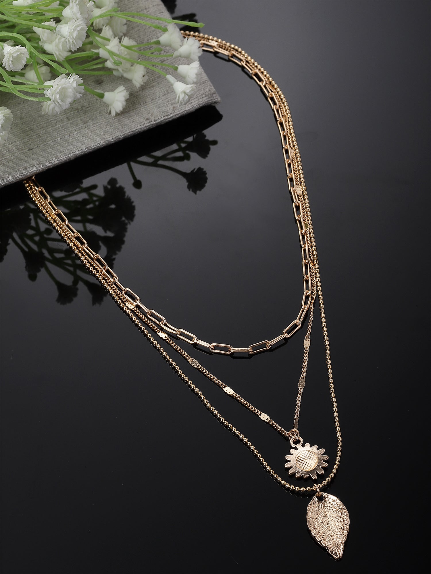 Bohey by KARATCART Gold Plated Sun and Leaf Multicharm Multilayered Chain Necklace for Women