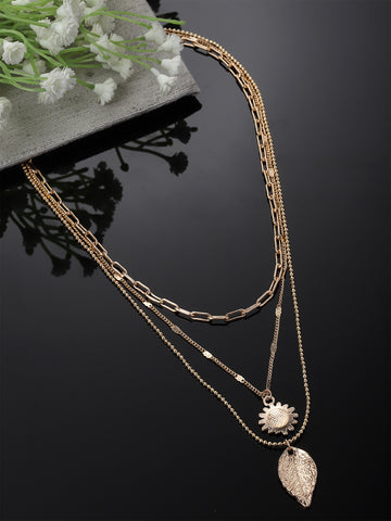 Bohey by KARATCART Gold Plated Sun and Leaf Multicharm Multilayered Chain Necklace for Women