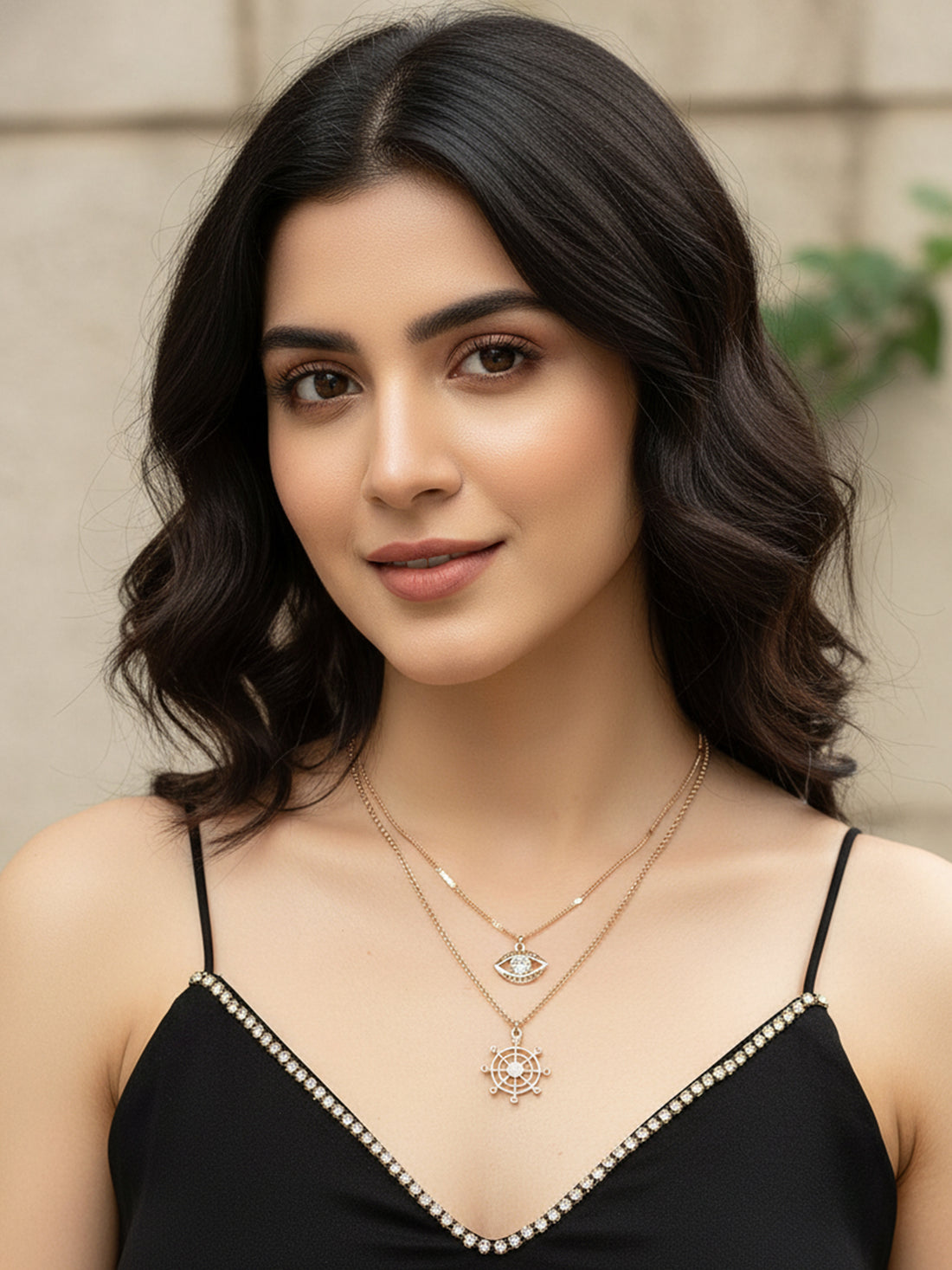 Bohey by KARATCART Gold Plated Crystal Eye and Ship Handle Multicharm Multilayered Chain Necklace for Women