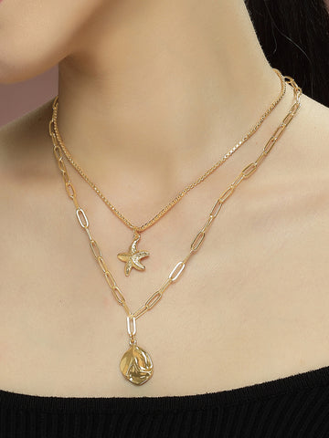 Bohey by KARATCART Gold Plated Star Fish Multicharm Multilayered Chain Necklace for Women