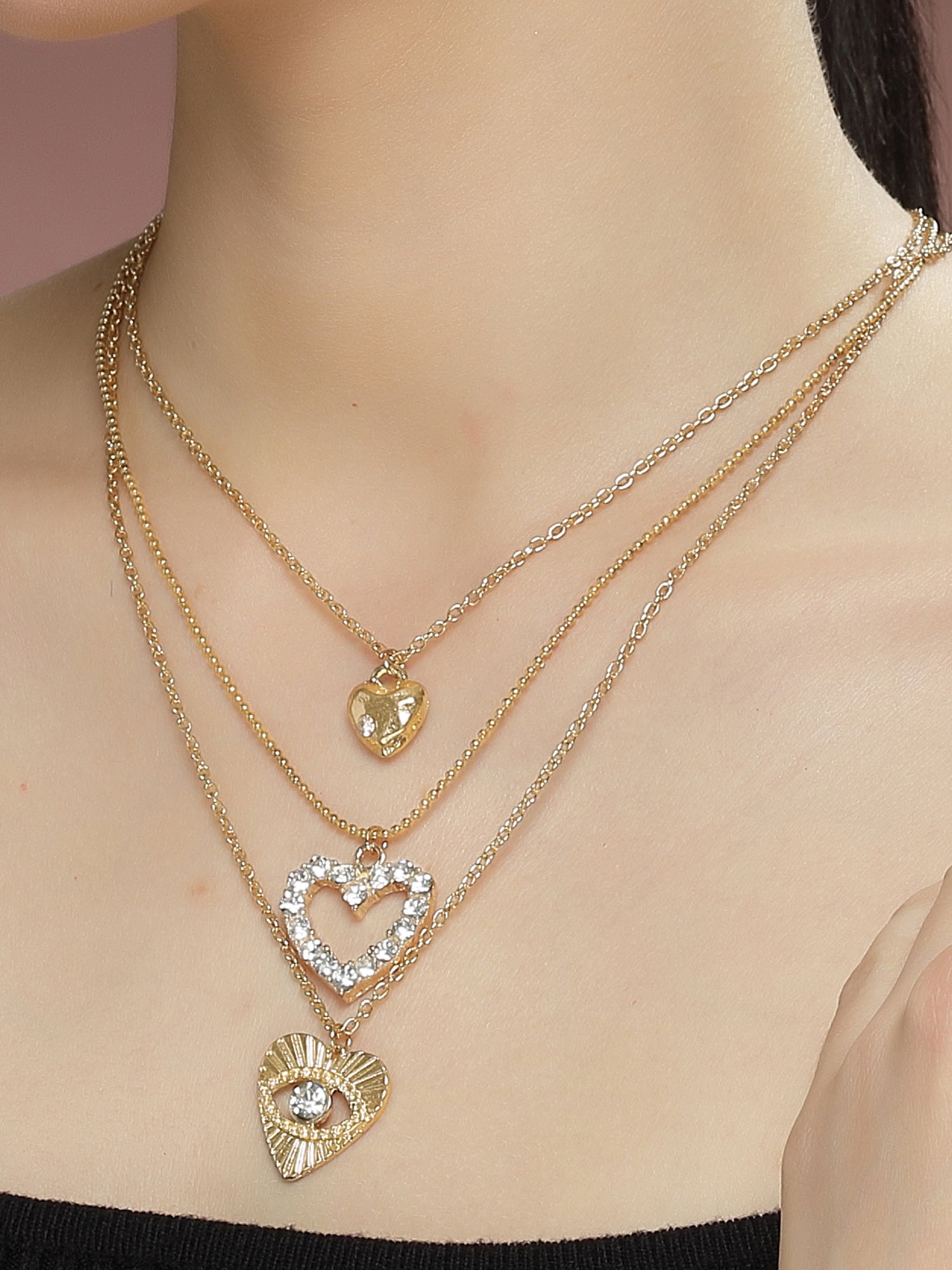 Bohey by KARATCART Gold Plated Crystal Heart Shape Multicharm Multilayered Chain Necklace for Women