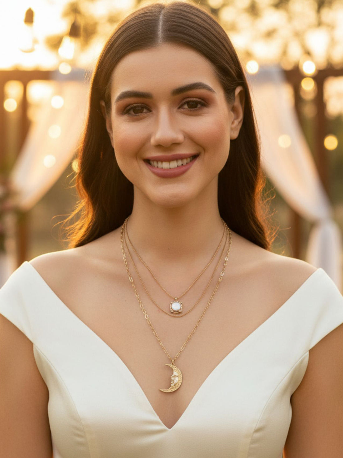 Bohey by KARATCART Gold Plated Half-Moon Multicharm Multilayered Chain Necklace for Women