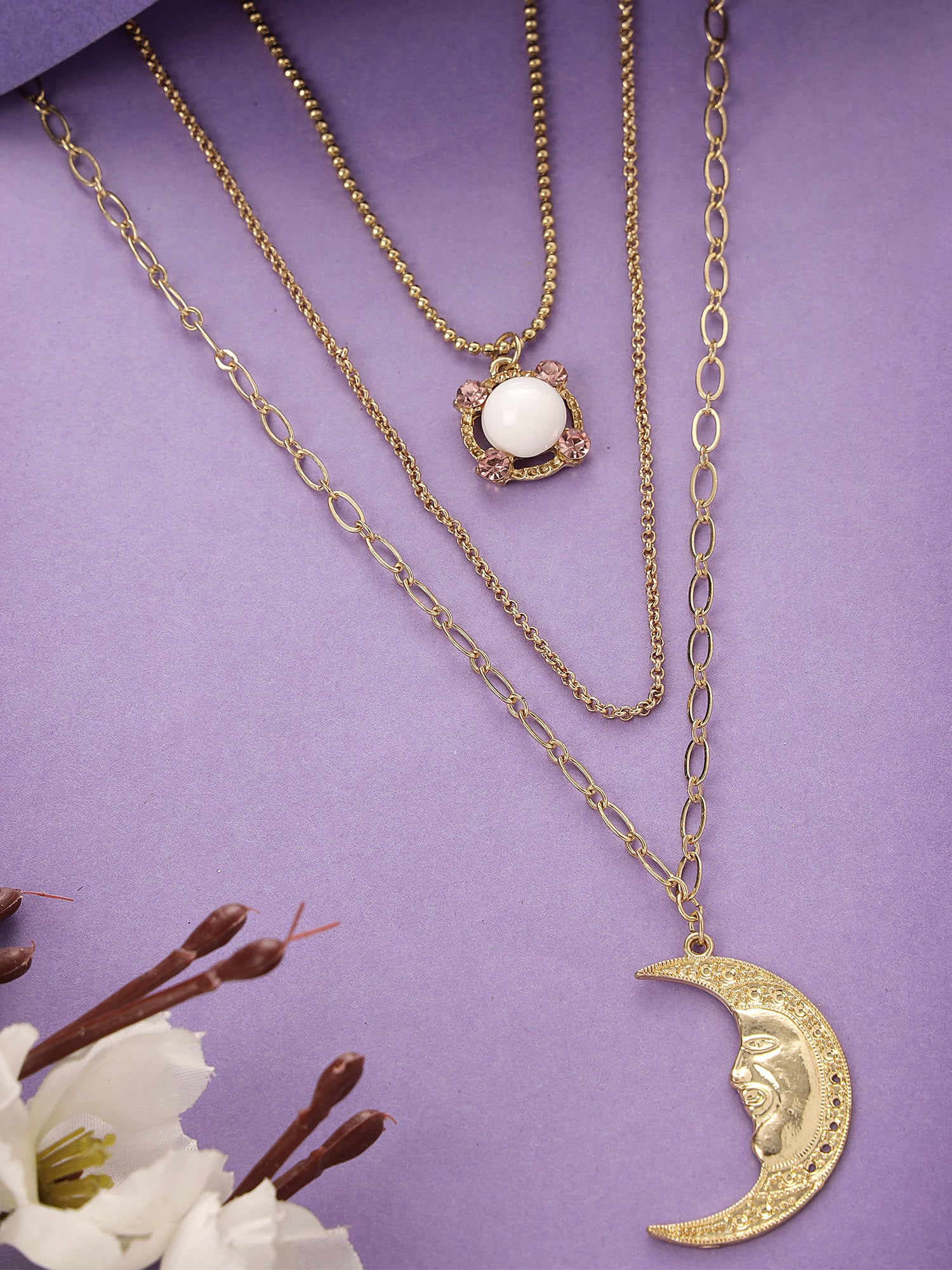 Bohey by KARATCART Gold Plated Half-Moon Multicharm Multilayered Chain Necklace for Women