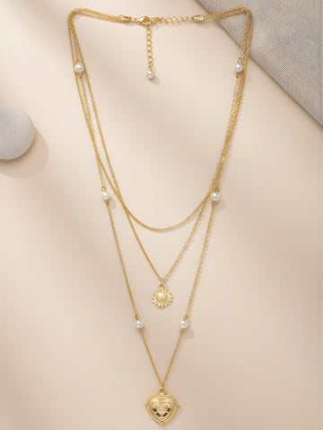 Bohey by KARATCART Gold Plated Heart and Sunflower Multicharm Multilayered Chain Necklace for Women