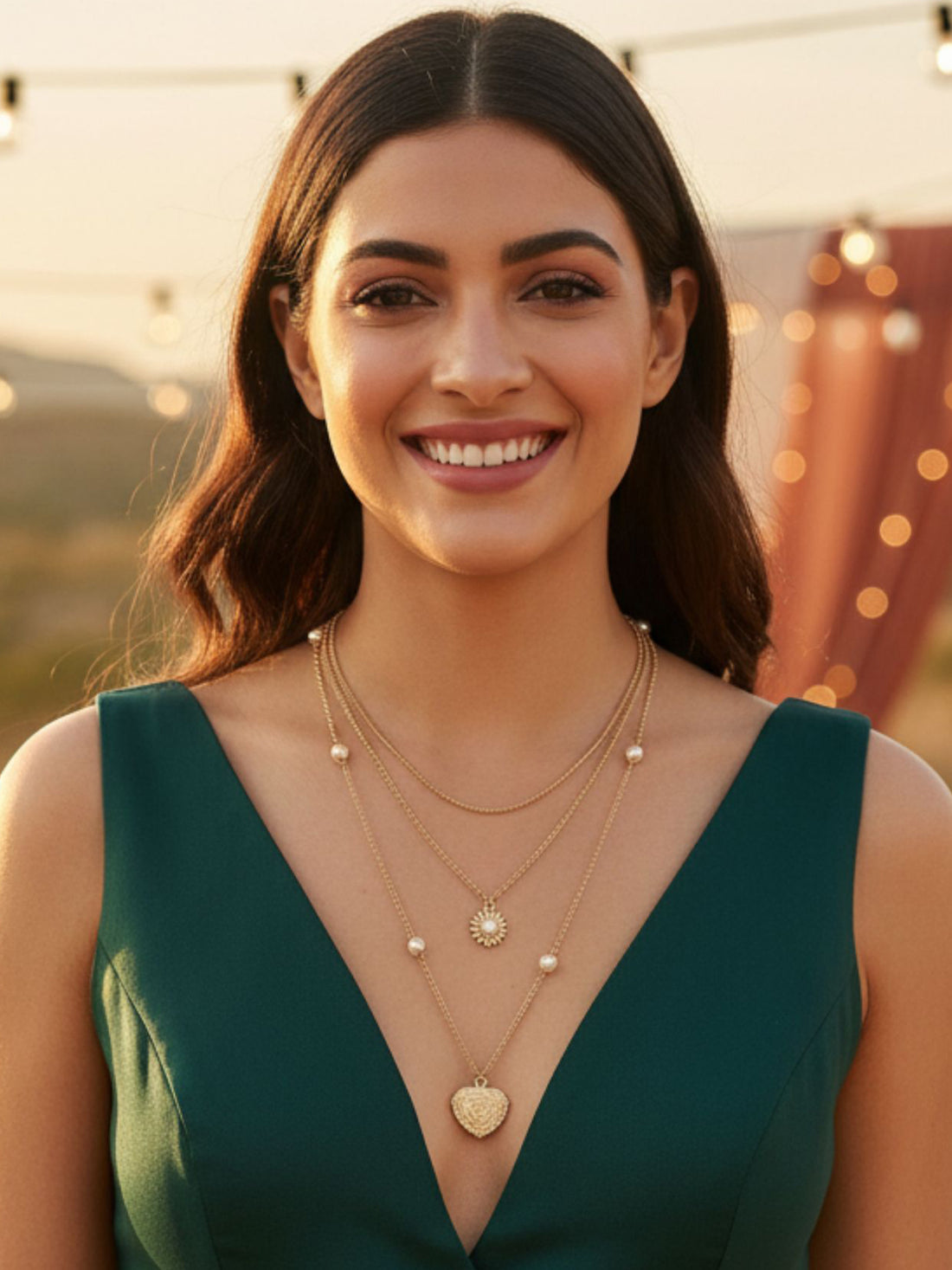 Bohey by KARATCART Gold Plated Heart and Sunflower Multicharm Multilayered Chain Necklace for Women