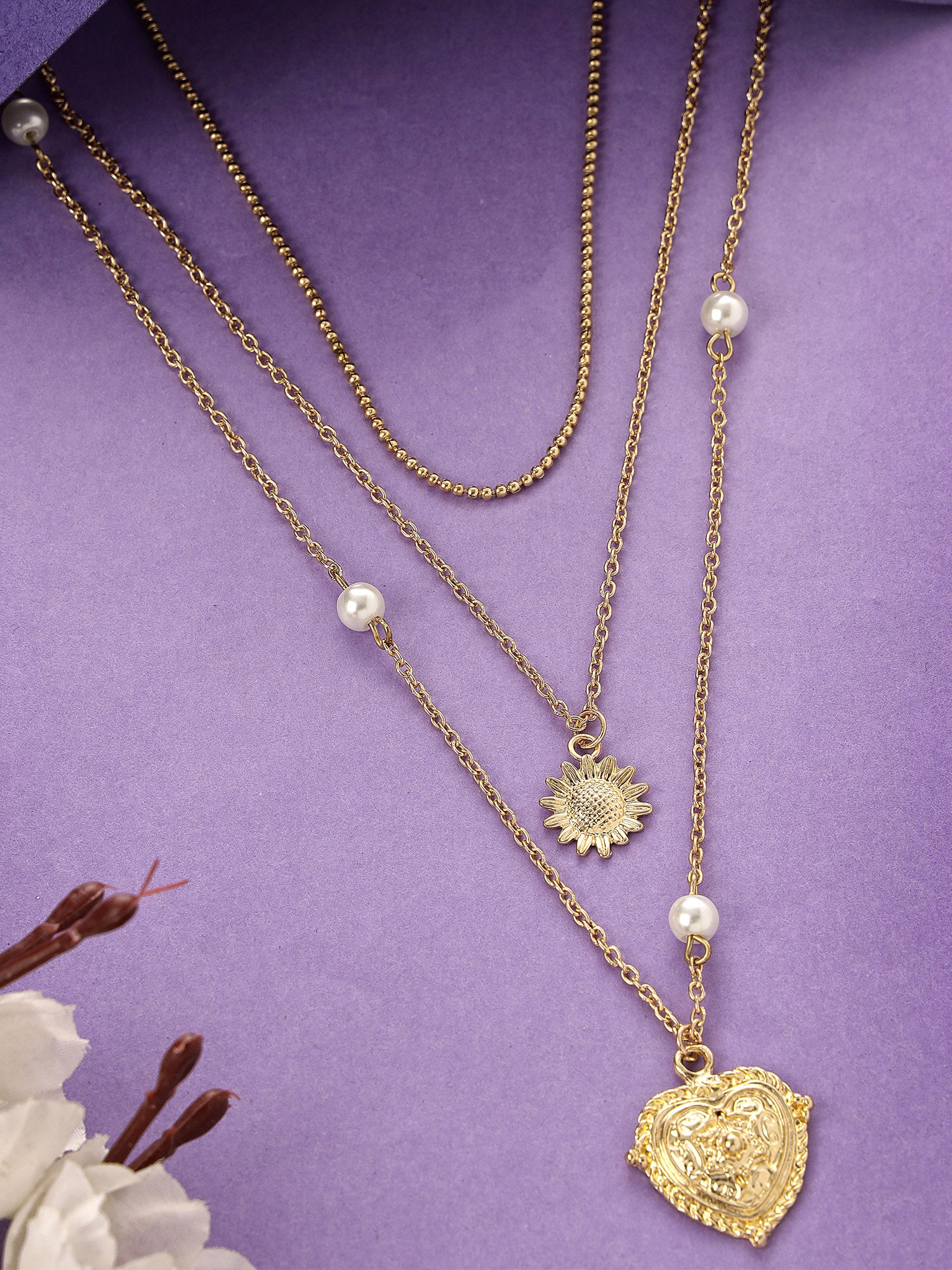 Bohey by KARATCART Gold Plated Heart and Sunflower Multicharm Multilayered Chain Necklace for Women