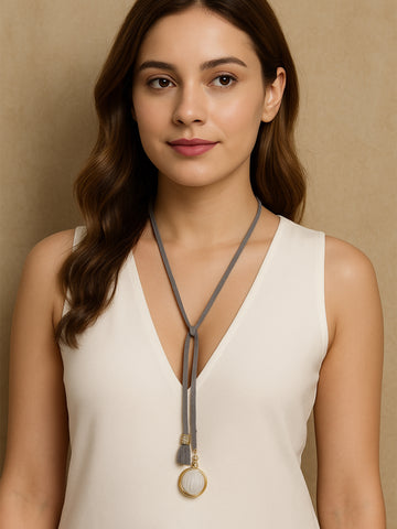 Grey Leather Wrap Around Scarf Necklace For Women