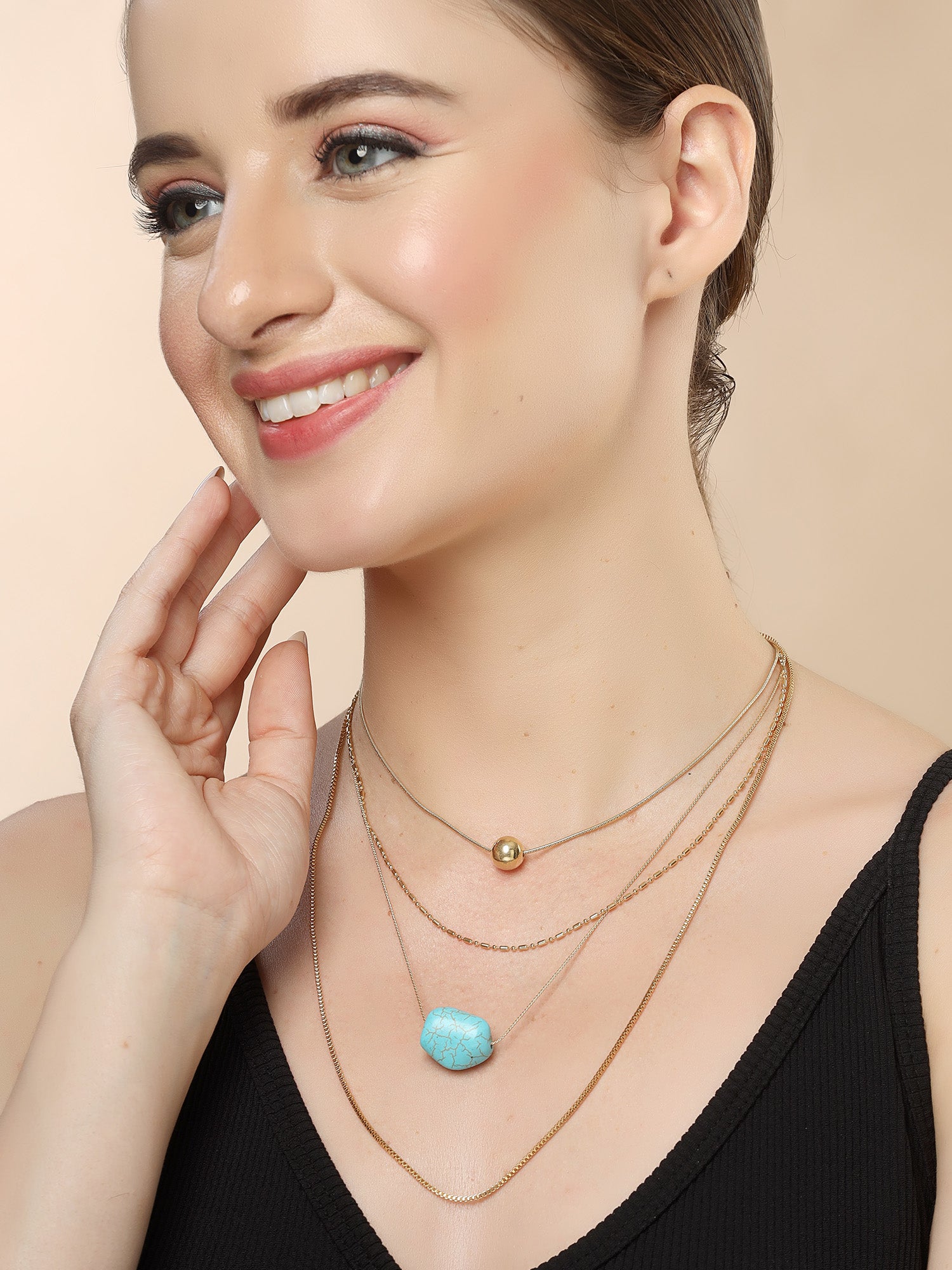 Bohey by KARATCART Gold-Plated Turquoise Multilayer Chain Necklace for Women