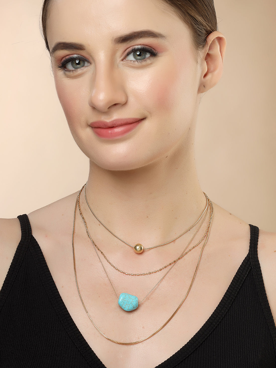 Bohey by KARATCART Gold-Plated Turquoise Multilayer Chain Necklace for Women