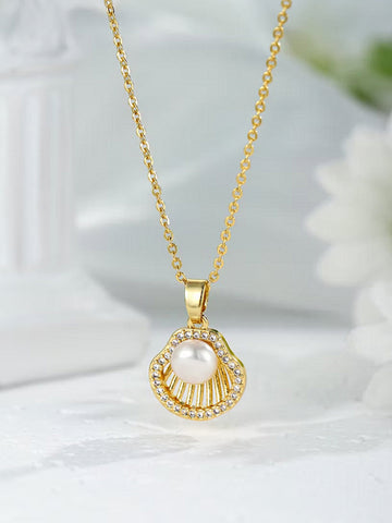 Bohey by KARATCART Delicate Seashell Inspired Gold Pearl Pendant for Women
