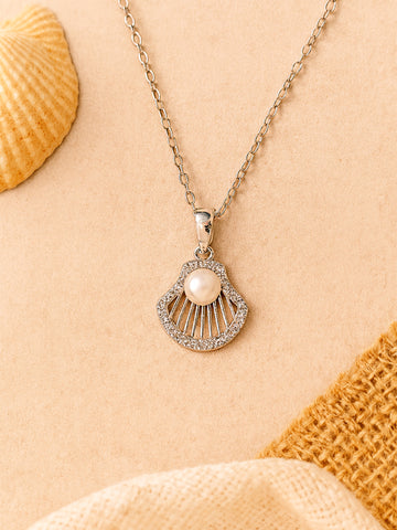Bohey by KARATCART Delicate Seashell Inspired Silver Pearl Pendant for Women