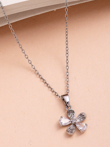 Bohey by KARATCART Delicate Silver-Plated Floral Pendant with Sparkling Crystals for Women
