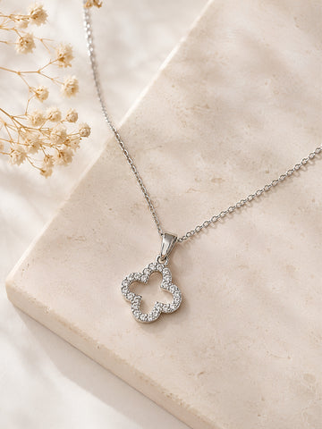 Bohey by KARATCART Luxurious Silver-Plated Four-Leaf Clover American Diamond Pendant for Women