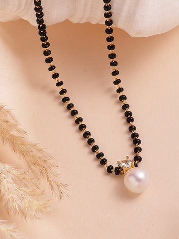 Bohey by KARATCART Graceful Pearl Drop Gold-Toned American Diamond Mangalsutra for Women