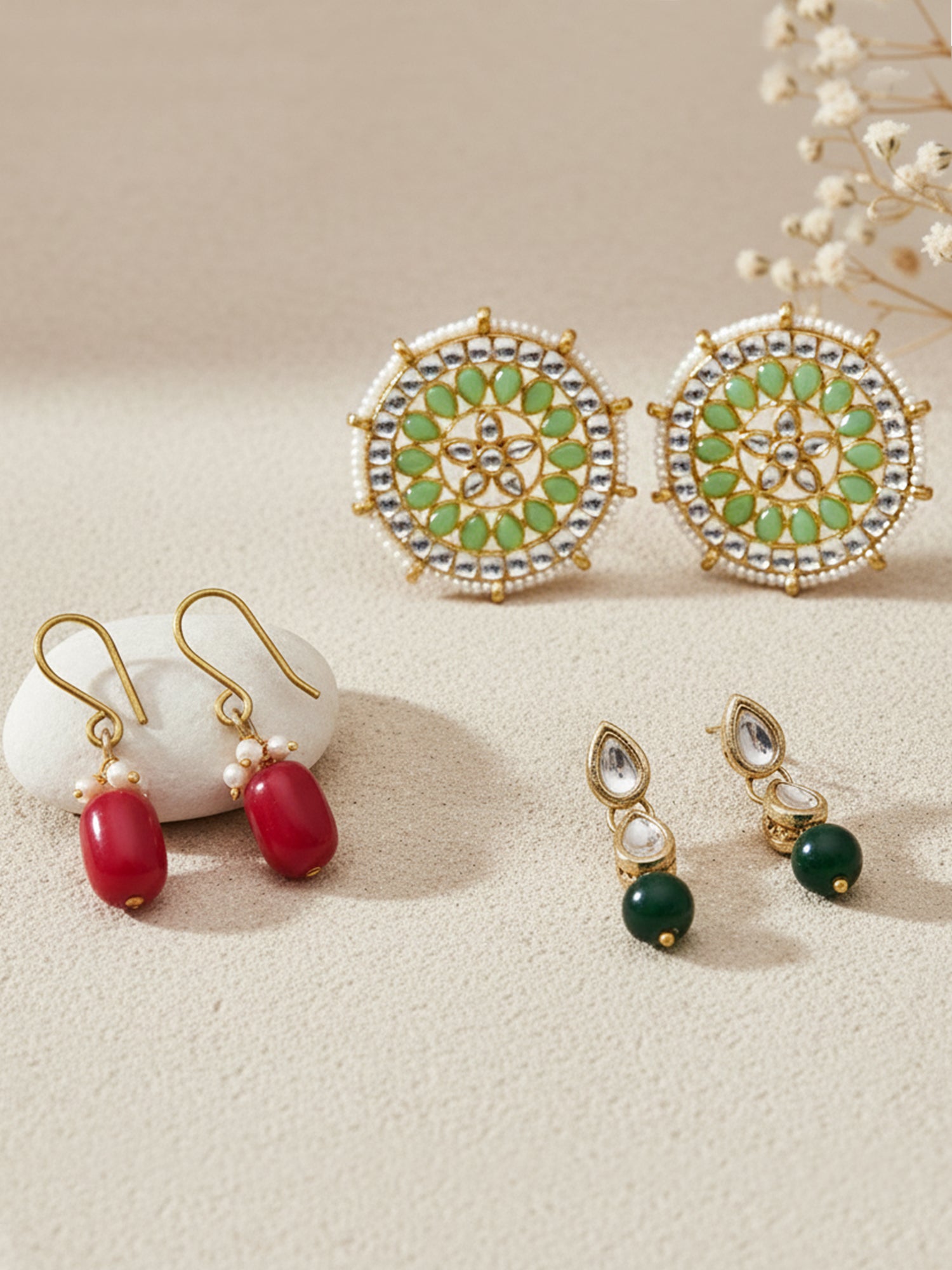 Karatcart Set of 3 Handcrafted Kundan Earrings Combo for Women