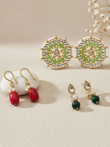 Karatcart Set of 3 Handcrafted Kundan Earrings Combo for Women