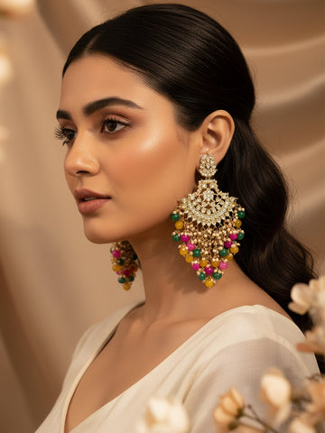 KARATCART Traditional Gold-Plated Kundan Chandbali Earrings with Multicolor Beads for Women