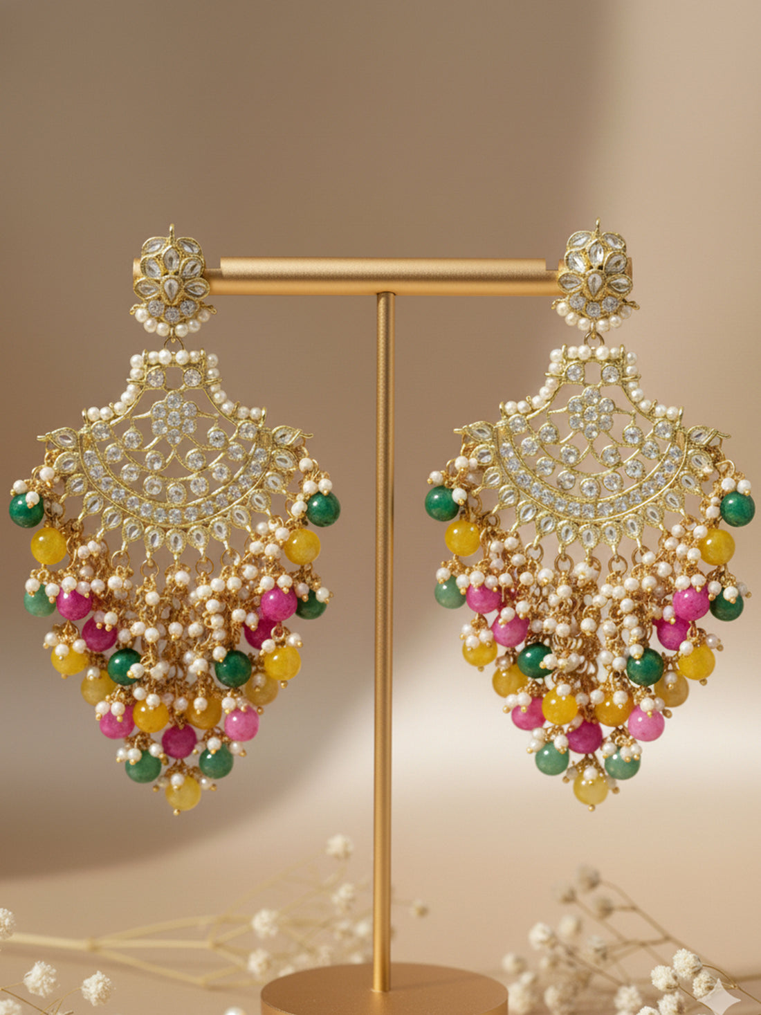 KARATCART Traditional Gold-Plated Kundan Chandbali Earrings with Multicolor Beads for Women