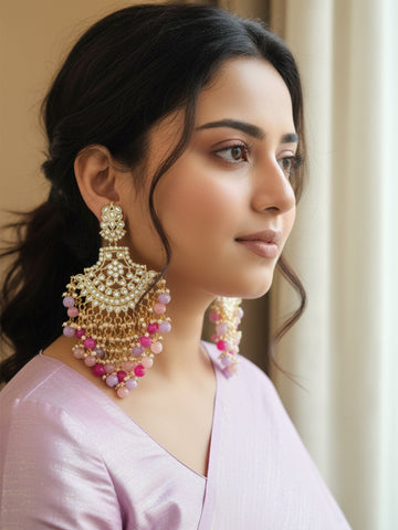 KARATCART Designer Gold-Plated Kundan Chandbali Earrings with Multicolor Beads for Women