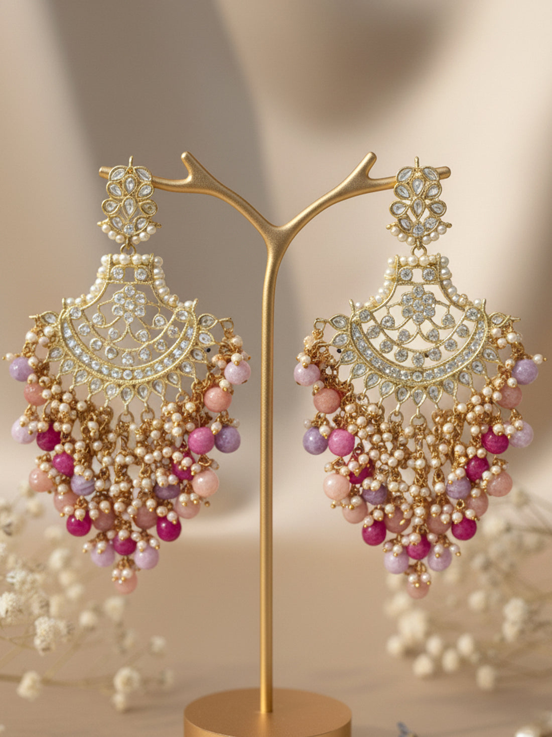 KARATCART Designer Gold-Plated Kundan Chandbali Earrings with Multicolor Beads for Women