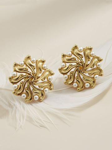 KARATCART Gold-Plated Handcrafted Pearl-Studded Parrot Stud Earrings for Women