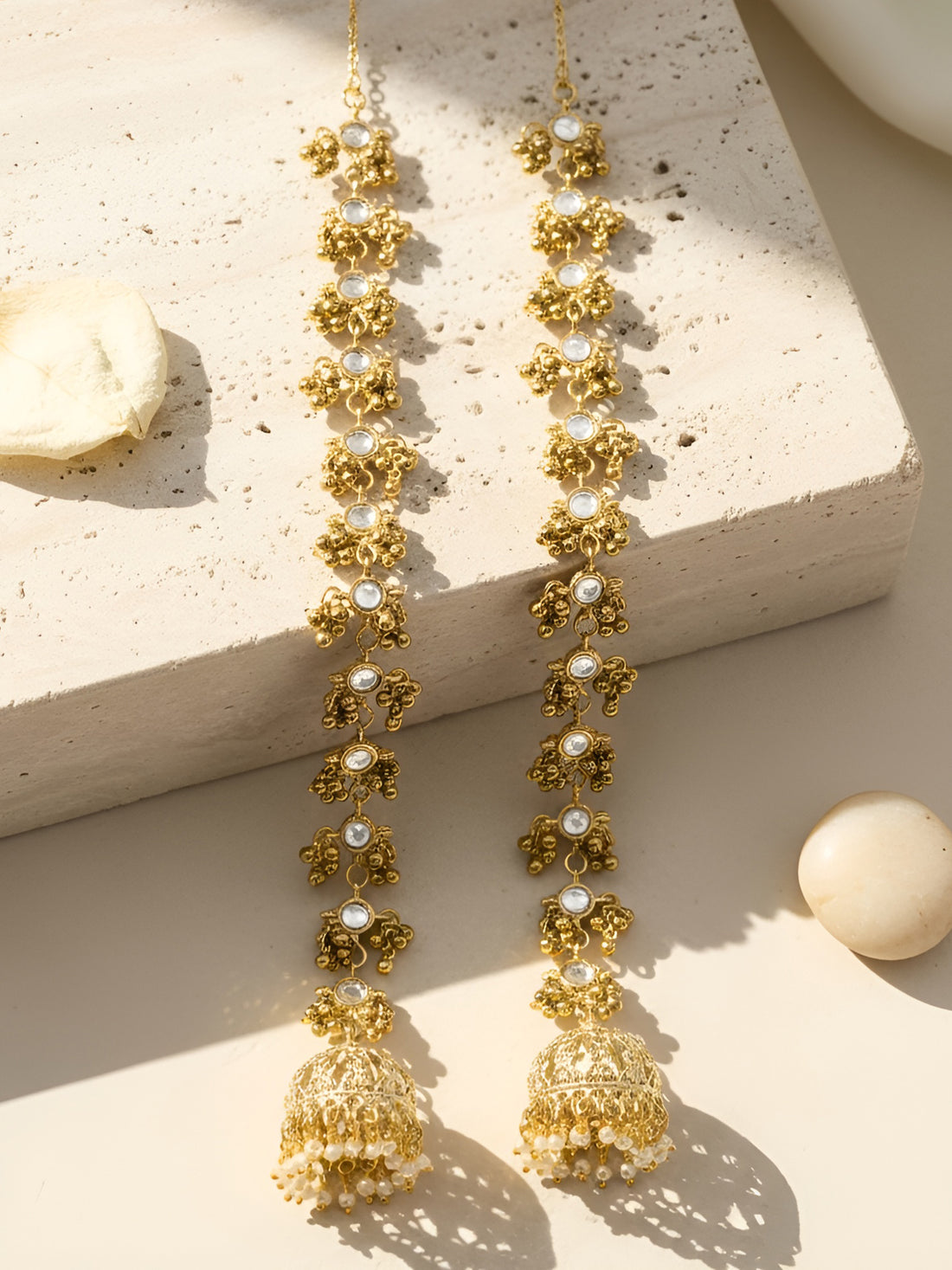 KARATCART Traditional Gold-Plated White Kundan Long Kashmiri Style Jhumki Kaanchain Earrings for Women