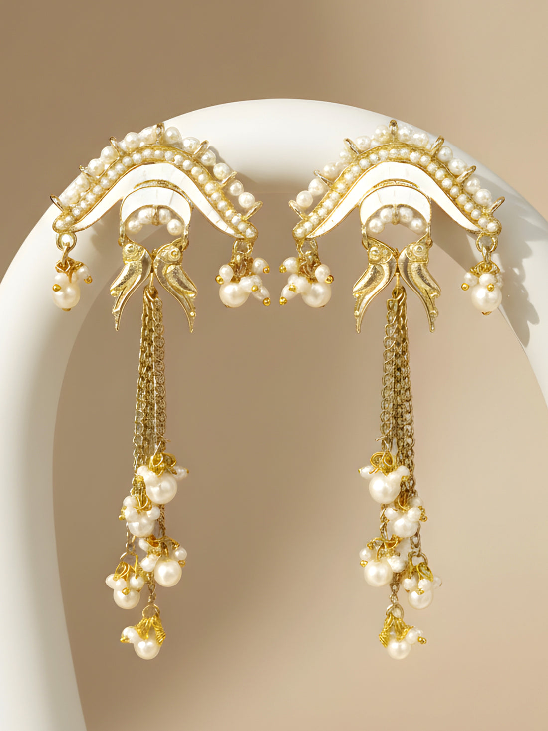 KARATCART Traditional Gold-Plated White Pearl Studded Bird Motif Chain Dangler Earrings for Women