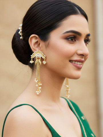 KARATCART Traditional Gold-Plated White Pearl Studded Bird Motif Chain Dangler Earrings for Women