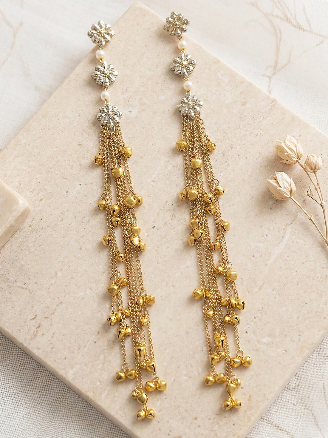 KARATCART Traditional Gold-Plated Kashmiri Style Long Chain Ghungroo Tassel Earrings for Women